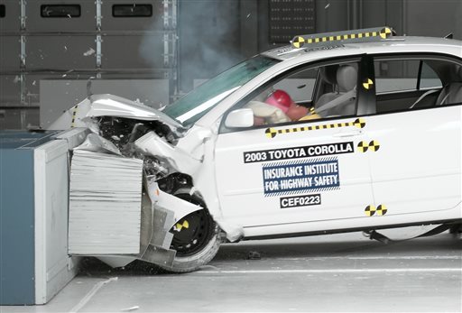 This undated photo provided by the Insurance Institute for Highway Safety shows a crash test of a 2003 Toyota Corolla, one of the models subject to a recall to repair faulty air bags. The National Highway Traffic Safety Administration is warning 7.8 million car owners that inflator mechanisms in the air bags can rupture, causing metal fragments to fly out when the bags are deployed. (AP Photo/Insurance Institute for Highway Safety)