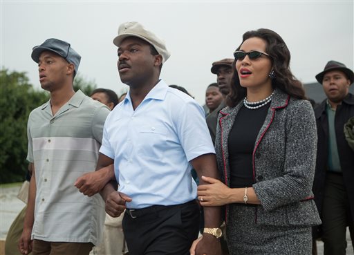 This photo released by Paramount Pictures shows, David Oyelowo, center, as Martin Luther King, Jr. and Carmen Ejogo, right, as Coretta Scott King in the film, "Selma," from Paramount Pictures and Pathé. The Civil Rights march drama is up for eight NAACP Image Awards honoring diversity in the arts, including outstanding motion picture; lead actor for David Oyelowo; supporting actor for Andre Holland, Common and Wendell Pierce; supporting actress for Carmen Ejogo and Oprah Winfrey; and director for Ava DuVernay. The awards will be presented in a Feb. 6 ceremony airing on the TV One channel. (AP Photo/Paramount Pictures, Atsushi Nishijima)
