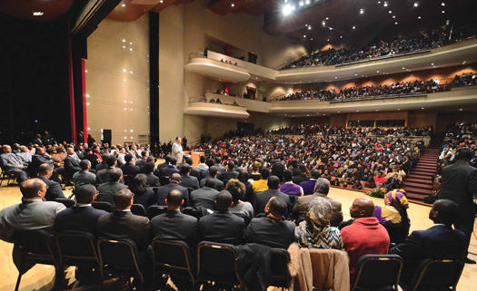 After more than a 29-year-old absence from Morgan State University, the Honorable Minister Louis Farrakhan speaks to a packed auditorium on Nov. 22 at the Murphy Fine Arts Center. More than 2,000 people including students, community leaders and distinguished guests came to hear the timely lecture given by the 81 one-year old Nation of Islam leader. (Mikal Veale/choiceimagery)