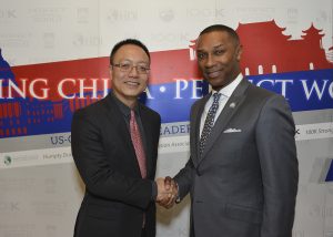 Robert Xiao, the CEO of Perfect World (left) and Johnny Taylor, president and CEO of the Thurgood Marshall College Fund celebrate the new Perfect World U.S.-China Young Leaders Fellowship program. (Freddie Allen/NNPA)