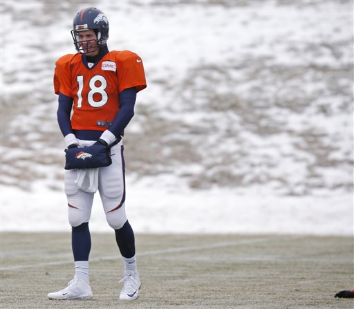 Denver Broncos quarterback Peyton Manning keeps his hands warm in a pouch while waiting to throw the football during practice for the team's NFL divisional playoff game against the Indianapolis Colts Wednesday, Jan. 7, 2015, in Englewood, Colo. (AP Photo/David Zalubowski)