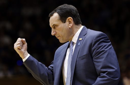 Duke coach Mike Krzyzewski reacts during the second half of an NCAA college basketball game against Notre Dame in Durham, N.C., Saturday, Feb. 7, 2015. Duke won 90-60. (AP Photo/Gerry Broome)