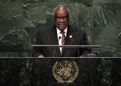 FILE - In this Friday, Sept. 26, 2014 file photo, Namibian President Hifikepunye Pohamba addresses the 69th session of the United Nations General Assembly at U.N. headquarters. Pohamba has won the 2014 Ibrahim Prize for African leadership, the first African leader deemed worthy of the honor since 2011. Chairman of the prize committee Salim Ahmed Salim announced that Pohamba won the $5 million prize Monday, March 2, 2015 in Nairobi. (AP Photo/Richard Drew, File)