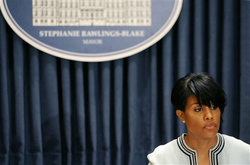 Mayor Stephanie Rawlings-Blake holds a news conference on Wednesday, May 6, 2015 in Baltimore.  The mayor called on U.S. government investigators to look into whether this city's beleaguered police department uses a pattern of excessive force or discriminatory policing. Rawlings-Blake's request came a day after new Attorney General Loretta Lynch visited the city and pledged to improve the police department.  (Kim Hairston/The Baltimore Sun via AP)  WASHINGTON EXAMINER OUT