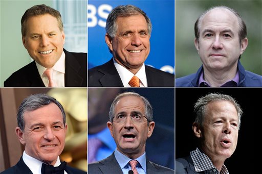 This photo shows six of the ten highest-paid CEOs in 2014, according to a study carried out by executive compensation data firm Equilar and The Associated Press. Top row, from left: David Zaslav, Discovery Communications; Les Moonves, CBS; and Philippe Dauman, Viacom. Bottom row, from left: Robert Iger, Walt Disney; Brian Roberts, Comcast; and Jeffrey Bewkes, Time Warner. (AP Photo)