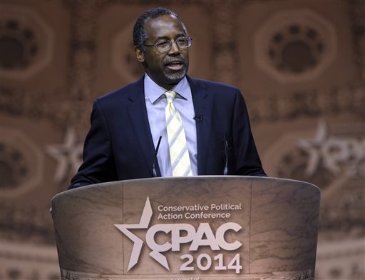 This March 8, 2014, file photo shows Dr. Ben Carson, professor emeritus at Johns Hopkins School of Medicine, speaking at the Conservative Political Action Conference annual meeting in National Harbor, Md. Carson, a retired neurosurgeon turned conservative political star, has confirmed that he will seek the Republican presidential nomination in 2016. Carson announced his candidacy during an interview aired Sunday, May 3, 2015, by Ohio's WKRC television station. (AP Photo/Susan Walsh, File)