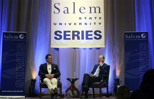 New England Patriots quarterback Tom Brady, left, is interviewed by sportscaster Jim Gray during an event at Salem State University in Salem, Mass., Thursday, May 7, 2015. An NFL investigation has found that New England Patriots employees likely deflated footballs and that quarterback Tom Brady was "at least generally aware" of the rules violations. The 243-page report released Wednesday, May 6, 2015, said league investigators found no evidence that coach Bill Belichick and team management knew of the practice. (AP Photo/Charles Krupa,Pool)