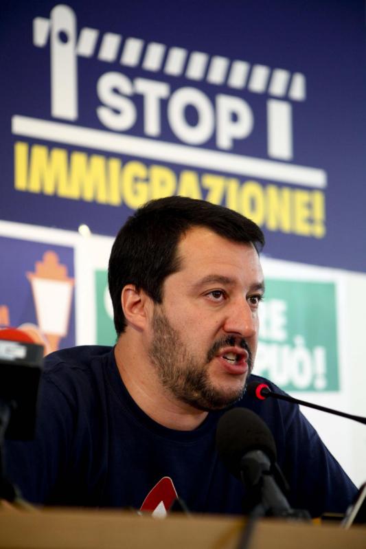 Northern League's party leader Matteo Salvini meets the media during a news conference in Milan, Italy, Monday, June 1, 2015. Italian Premier Matteo Renzi's Democratic Party claimed victory Monday in five of seven regions that voted for new leaders, but the real winner was the anti-Europe and once-regional Northern League that showed strong gains nationally. (Mourad Balti/ANSA via AP)