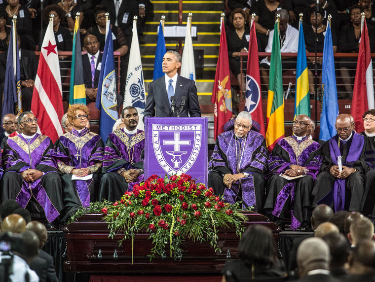 President Obama eulogizes Rev. Clementa Pinckney Friday at TD arena in Charleston, South Carolina. Pinckney and eight members of the historic Emanuel AME church were tragically killed in a mass shooting last Wednesday. (Lawrence Bryant/St. Louis American)