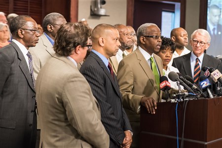 Rev. Nelson Rivers, III speaks during a press conference, June 22, 2015, calling for the Confederate flag to be removed from the S.C. Statehouse grounds. (Joel Woodhall/Charleston Chronicle)