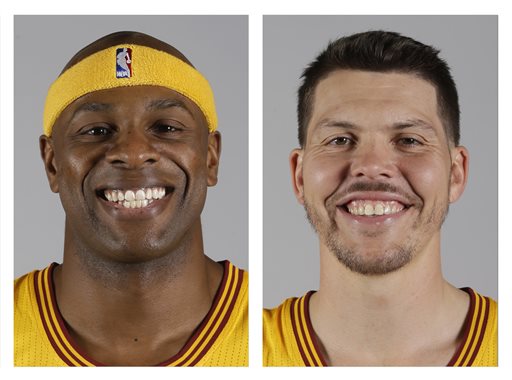 These are 2014, file photos showing Cleveland Cavaliers NBA basketball players Brendan Haywood, left, and Mike Miller, right. A person familiar with the trade says the Cavaliers have traded forward Mike Miller and center Brendan Haywood to Portland to create salary-cap room and save luxury-tax money. The Cavs have been shopping Haywood's expiring $10.5 million contract deal for weeks and worked out a deal with the Blazers, who will also get two second-round picks from Cleveland, said the person who spoke Monday, July 27, 2015,  to the Associated Press on condition of anonymity because the deal is pending league approval. (AP Photo/File)