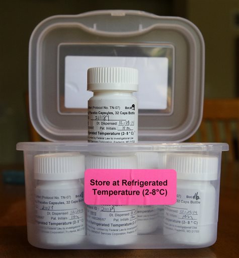 This photo taken Wednesday, May 13, 2015, shows insulin pills taken by Hayden Murphy, 13, who is participating in a study in Plainfield, Ill. to try to prevent or at least delay Type 1 diabetes. In Type 1, the pancreas stops making insulin, a blood sugar-regulating hormone that helps the body convert sugar in food into energy. Treatment is lifetime replacement insulin, usually via injections or a small pump. In Type 2, the body can't make proper use of insulin. It can sometimes be treated with a healthy diet and exercise. (AP Photo/Nam Y. Huh)
