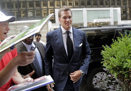 In this June 23, 2015, file photo, New England Patriots quarterback Tom Brady arrives for his appeal hearing at NFL headquarters in New York. Brady's 4-game suspension has been uphelp by NFL Commissioner Roger Goodell, Tuesday, July 28, 2015.  (AP Photo/Mark Lennihan, File)