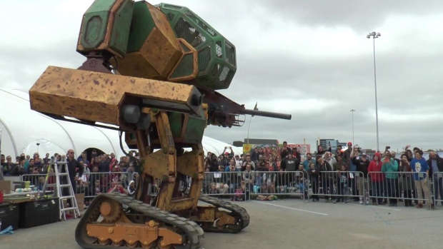 The Mk. II Mech, created by MegaBots Inc., is shown in a YouTube video that challenges Suidobashi Heavy Industry to a robot fight. (YouTube / MegaBots Inc.)