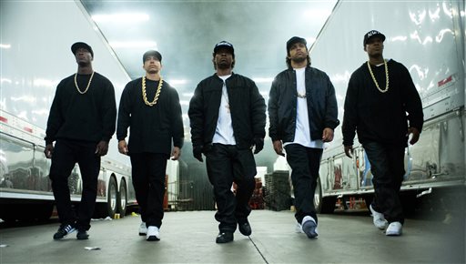 This photo provided by Universal Pictures shows, Aldis Hodge, from left, as MC Ren, Neil Brown, Jr. as DJ Yella, Jason Mitchell as Eazy-E, OShea Jackson, Jr. as Ice Cube and Corey Hawkins as Dr. Dre, in the film, Straight Outta Compton." The movie released in U.S. theaters on Friday, Aug. 14, 2015. (Jaimie Trueblood/Universal Pictures via AP)