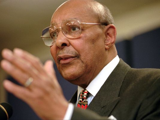 Rep. Louis Stokes, D-Ohio, announces Saturday, Jan. 17, 1998, at the Carl B. Stokes Social Services Mall in Cleveland that he will retire from Congress at the end of the year. Stokes, who served 15 consecutive terms in the U.S. House of Representatives, died Tuesday, Aug. 18, 2015, at the age of 90. (Tony Dejak/AP Photo)
