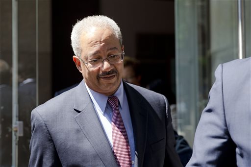 Rep. Chaka Fattah, D-Pa., exits the federal courthouse Tuesday, Aug. 18, 2015, in Philadelphia. Fattah has been indicted on charges he misappropriated hundreds of thousands of dollars of federal, charitable and campaign funds. (AP Photo/Matt Rourke)