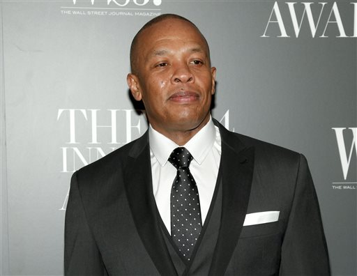 In this Nov. 5, 2014 file photo, Dr. Dre attends the WSJ. Magazine 2014 Innovator Awards at MoMA in New York. When the world first heard the names Ice Cube and Dr. Dre, the young musicians were considered outlaws as members of rap group N.W.A. Now they're mainstream entertainment icons, reflecting changes in the two artists and in popular culture.  (Photo by Andy Kropa/Invision/AP, File)