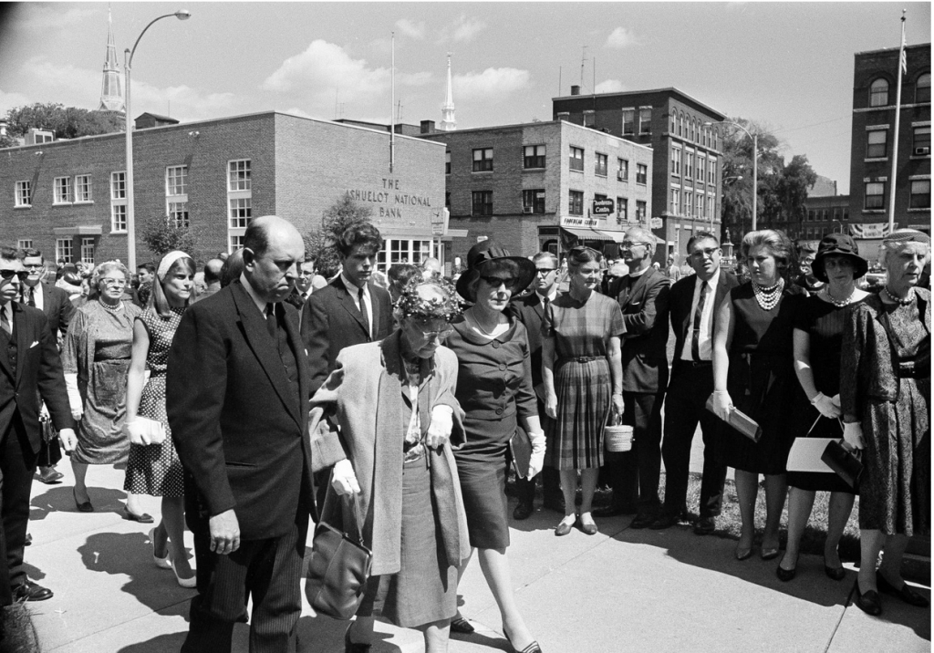 Connie Daniels, right, mother of Jonathan Daniels, the young seminarian and civil rights worker slain in Hayneville, Ala., arrives at church in Keene, N.H., on Aug. 24, 1965, to attend her son's funeral. (Bill Chaplis/AP)