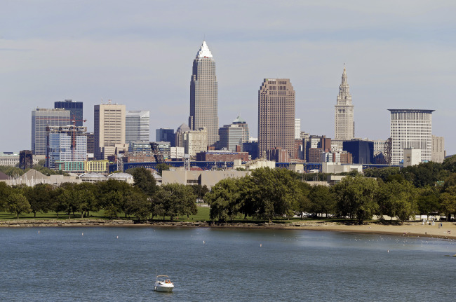 This Tuesday, Sept. 11, 2012 file photo shows the Cleveland skyline taken from Edgewater Park in Cleveland. Cleveland and Cincinnati are the two Ohio cities still in contention to host the 2016 Republican National Convention with the list of possible cities narrowed to six on Wednesday, April 2, 2014. (AP Photo/Mark Duncan, File)