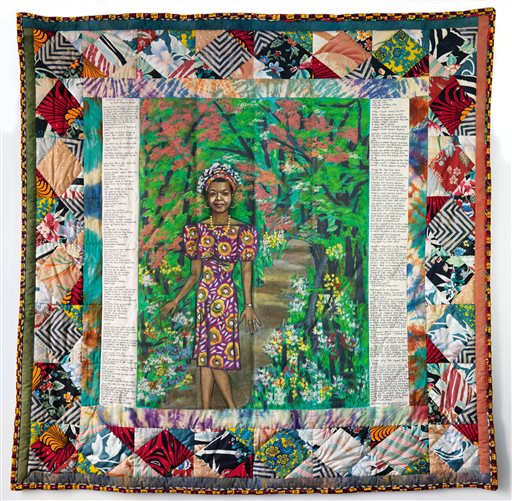 In this undated photo provided by Swann Auction Galleries, a 1989 acrylic on canvas with pieced fabric border by Faith Ringgold entitled "Maya's Quilt of Life" i shown. The work was included in the collection of celebrated writer and civil rights activist Maya Angelou that sold for $1.3 million by Swann in New York on Tuesday, Sept. 15, 2015. (Swann Auction Galleries via AP)