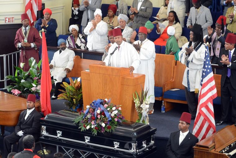 Brother T. Irons-El, from Grand Temple 5 in St. Louis spoke during home going services for Mansur Ball-Bey at Christ Pilgrim Rest M.B. Church Saturday morning. (Wiley Price/St. Louis American)