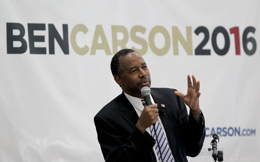 Republican presidential candidate and retired neurosurgeon Ben Carson speaks during an event at Manchester Community College, Sunday, May 10, 2015, in Manchester, N.H. (AP Photo/Mary Schwalm)