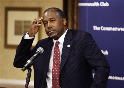 Republican presidential candidate retired neurosurgeon Ben Carson answers questions at a news conference after speaking to the Commonwealth Club public affairs forum Tuesday, Sept. 8, 2015, in San Francisco. (AP Photo/Eric Risberg)
