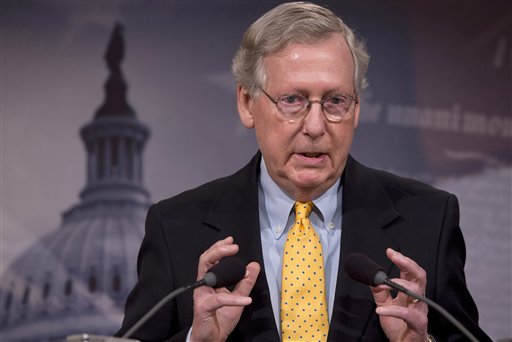 In this photo taken Aug. 6, 2015, Senate Majority Leader Mitch McConnell of Ky. speaks during a news conference on Capitol Hill in Washington. McConnell is conceding that his party will have to await the next president before it can cut off federal funds that go to Planned Parenthood. (AP Photo/Jacquelyn Martin, File)