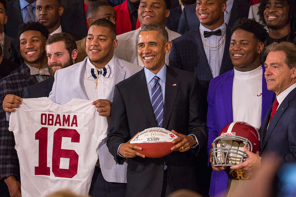 President Barack Obama congratulates members of the 2016 National Champion Alabama Crimson Tide at the White House. Alabama beat the Clemson Tigers 45-40 to win the College Football Playoff championship. (Cheriss May/HUNS)