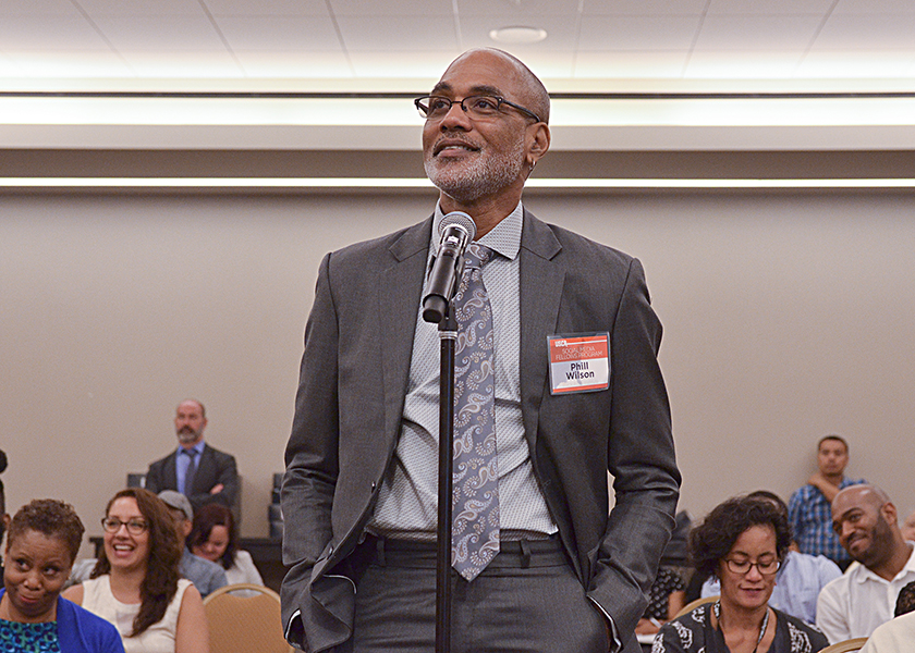 Phill Wilson, the executive director of the Black AIDS Institute, has fought the AIDS epidemic in the Black community for more than 30 years. In this photo, Wilson, the executive director of Black AIDS Institute, asks a question during the Institute's annual PrEP Summit in Washington, D.C. (Freddie Allen/BAI)