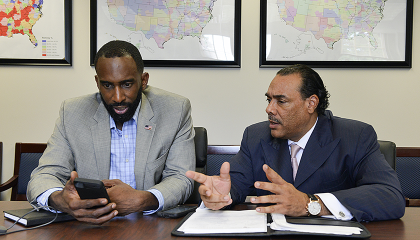 Telly Lovelace, the national director of African-American Initiatives and Media for the RNC (left) and Bruce LeVell, the executive director of the National Diversity Coalition for Donald Trump, meet at RNC headquarters in Washington, D.C. (Freddie Allen/AMG/NNPA)