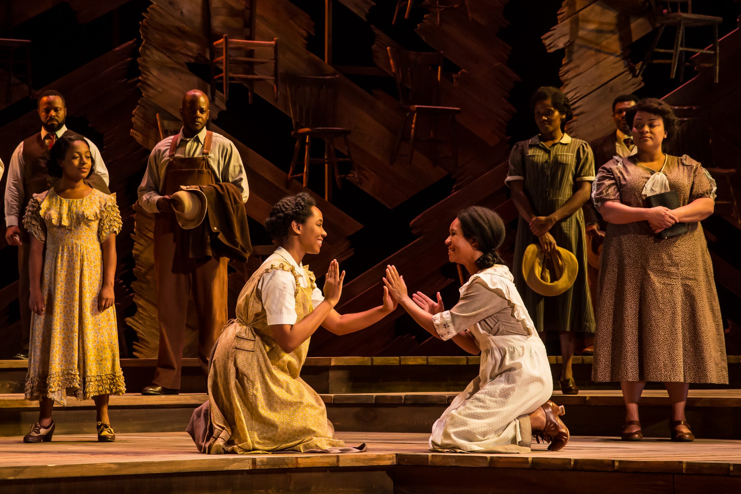 Adrianna Hicks, N'Jameh Camara and the North American tour cast of "The Color Purple." Photo by Matthew Murphy. Courtesy Kennedy Center.