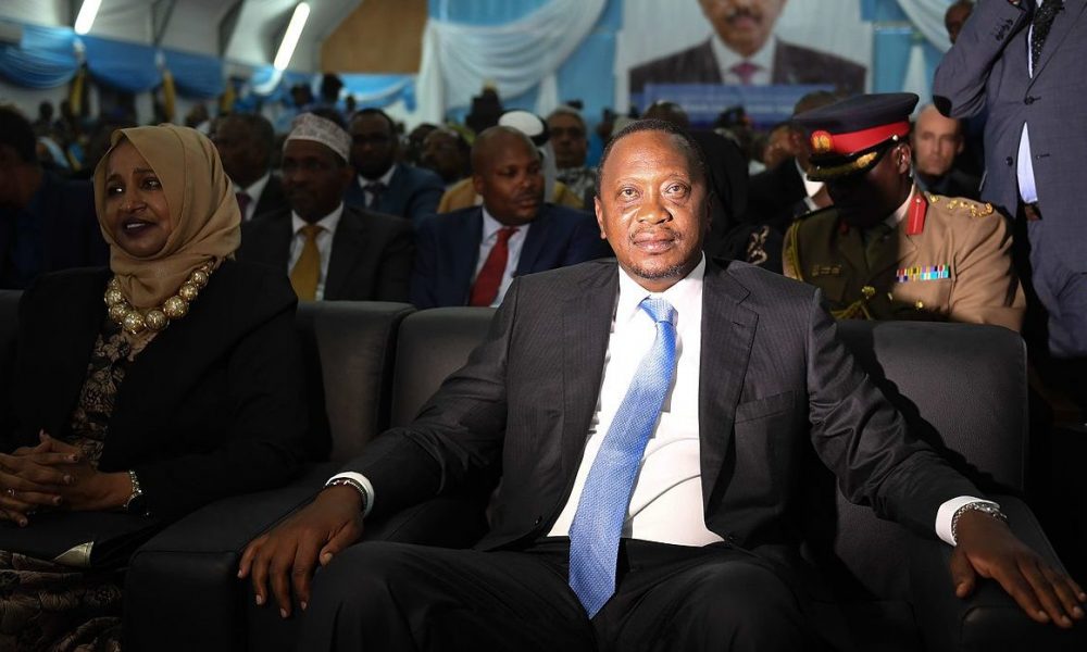 The President of Kenya, Uhuru Kenyatta (right) and Somalia's First Lady, Saynab Abdi Moalim (left) at the inauguration ceremony of the Somalia's newly elected President Mohamed Abdullahi Farmaajo in Mogadishu on February 22, 2017. AMISOM Photo / Ilyas Ahmed
