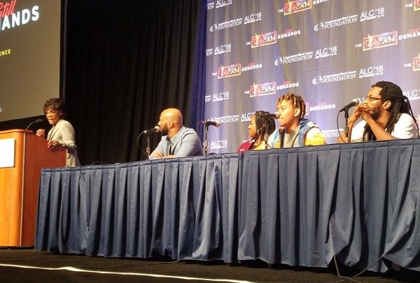 From left: Rep. Maxine Waters (D-Calif.) introduces rappers Common, Rapsody and YBN Cordae and poet Bomani Armah for a panel discussion on the performance arts in Black culture during the Congressional Black Caucus Foundation's 48th Annual Legislative Conference at the Walter E. Washington Convention Center in D.C. on Sept. 14. (William J. Ford/The Washington Informer)