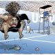 This Mark Knight cartoon, published by the Herald Sun, depicts Serena Williams as an irate, hulking, big-mouthed Black woman jumping up and down on a broken racket. The umpire was shown telling a blond, slender woman — meant to be Naomi Osaka, who is actually Japanese and Haitian — “Can you just let her win?” 