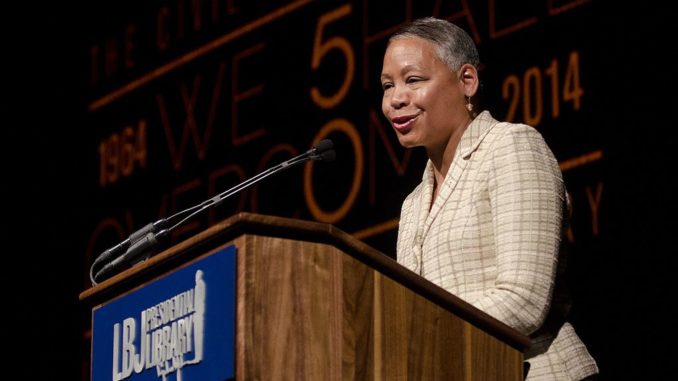Lisa Borders, chair of the Coca-Cola Foundation, made introductory remarks at the panel on "Social Justice in the 21st Century: Empowering Minds, Changing Hearts and Inspiring Service." Photo by Marsha Miller.