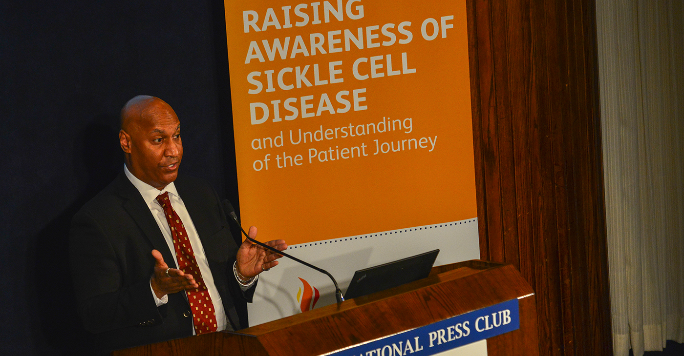 Dr. Kevin Williams, chief medical officer of Pfizer Rare Disease, presenting on raising awareness of sickle cell disease at the National Press Club, Washington, DC. (Photo: NNPA)