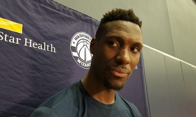 Washington Wizards center Ian Mahinmi speaks with reporters after practice at Entertainment and Sports Arena in southeast D.C. on Oct. 19. (William J. Ford/The Washington Informer)
