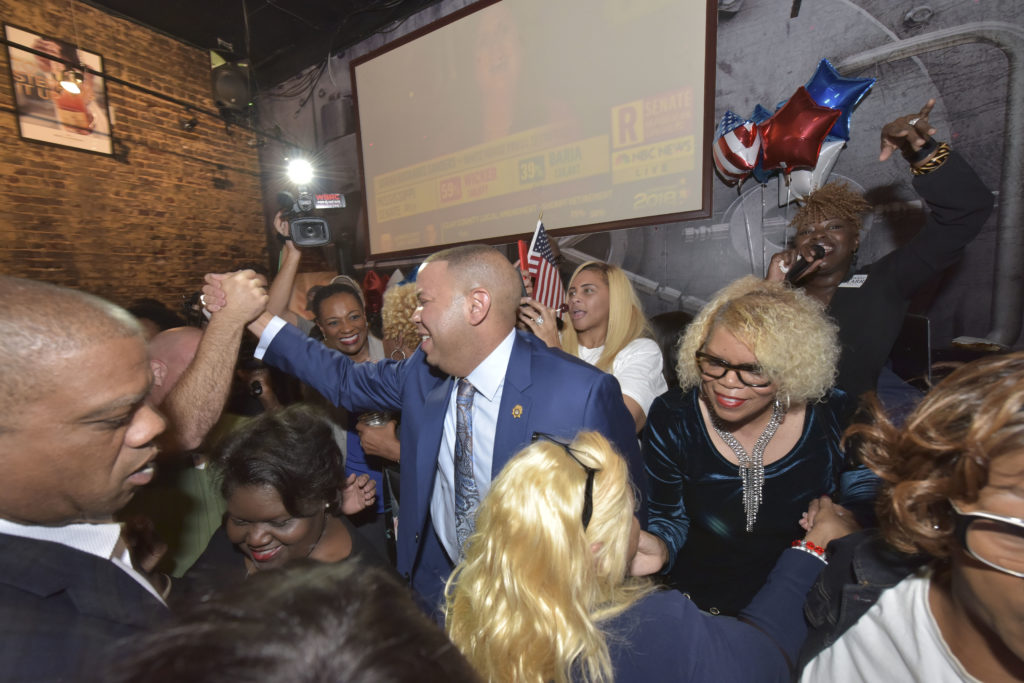 Jefferson County District Attorney candidate Danny Carr meets with supporters after the polls closed Tuesday November 6, 2018.. (Frank Couch for The Birmingham Times)