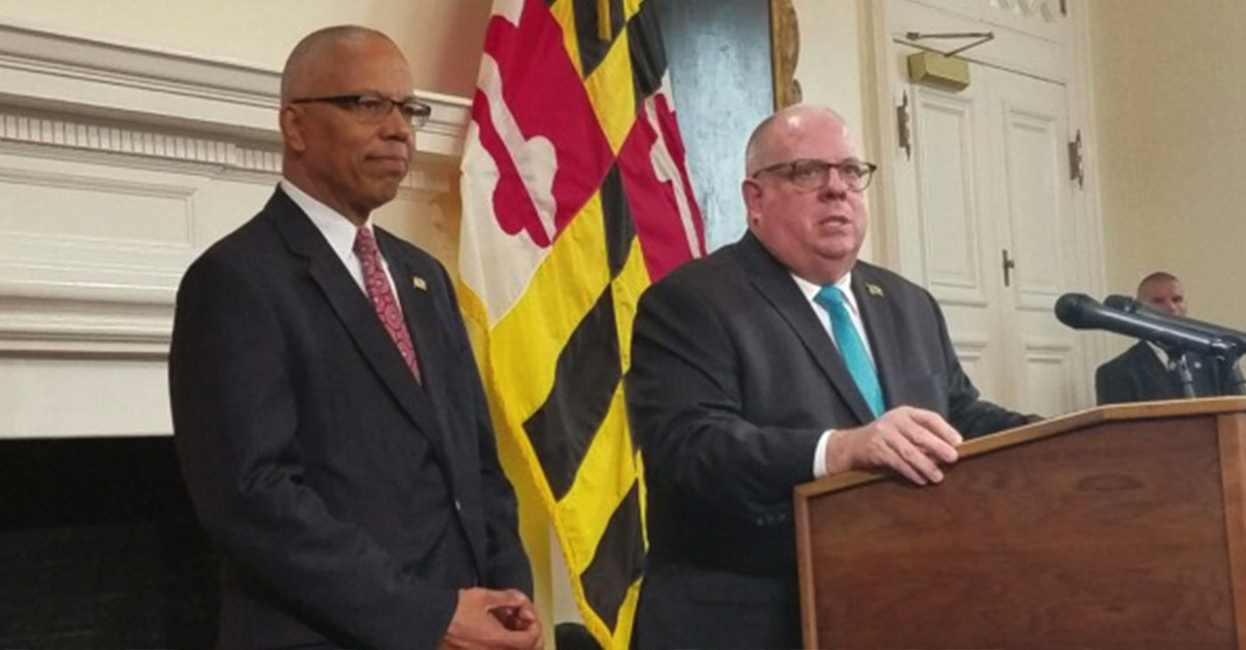 Maryland Gov. Larry Hogan (right), joined by Lt. Gov. Boyd Rutherford, speaks during a press conference at the State House in Annapolis on Nov. 7, one day after his historic general election victory. (William J. Ford/The Washington Informer)