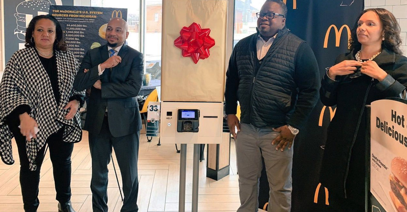 McDonald’s operator James Thrower II, City Councilwoman Mary Sheffield, NBL president Ken Harris and a rep from the mayor’s office unveiling the new self-service kiosk.