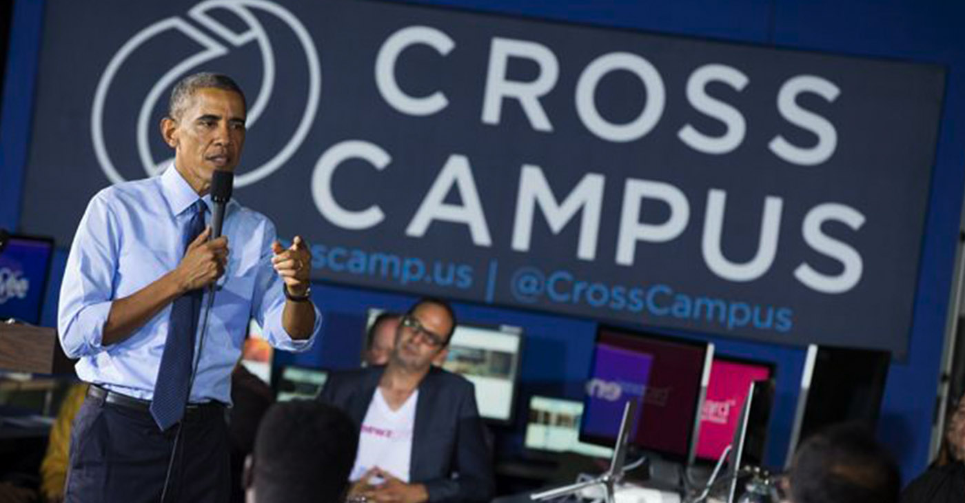 President Barack Obama tours Cross Campus, a collaborative space that brings together freelancers, creative professionals, entrepreneurs and startup teams, on Thursday, Oct. 9, 2014, in Santa Monica, Calif