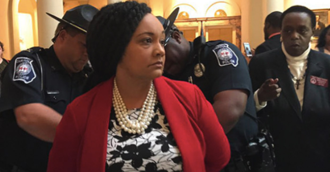 Sen. Nikema Williams was arrested at the Georgia State Capitol on Tuesday for failing to disperse. (Photo by Richard Elliot /WSB-TV)