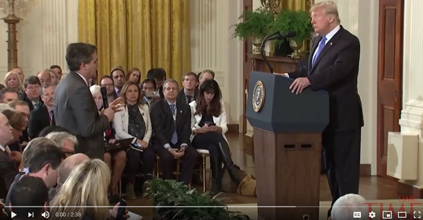 CNN's Jim Acosta was the victim of Trump's ire. Because he was persistent in asking a question, he was falsely accused of putting his hands on someone, and his White House press pass was revoked.