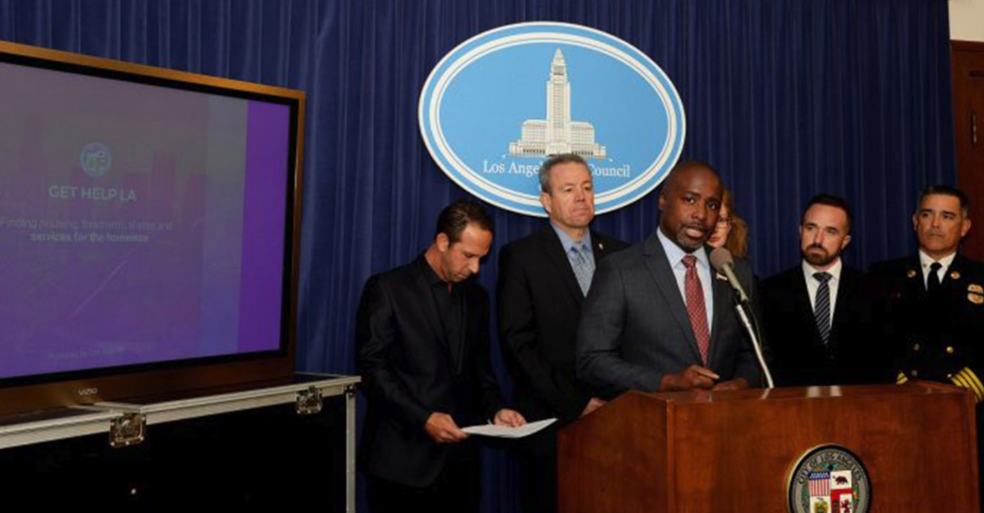 Councilmembers Mitch Englander and Marqueece Harris-Dawson announce the Get Help App to allow first responders and community members to connect homeless individuals to services on their phones. (Courtesy Photo)
