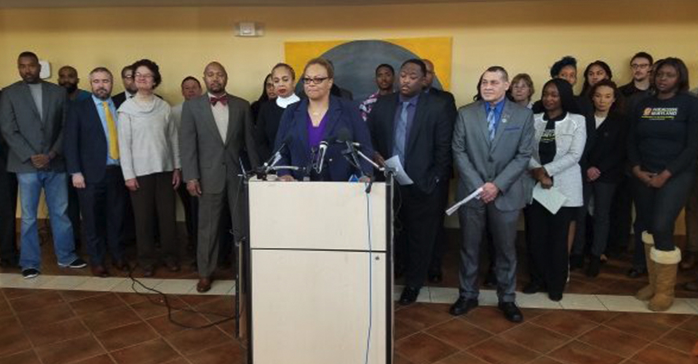 Dana Vickers Shelley, executive director of the Maryland ACLU, speaks during a Dec. 12 press conference at CASA De Maryland Multicultural Center in Langley Park about a discrimination lawsuit filed against the Prince George's County Police Department by several of its officers. (William J. Ford/The Washington Informer)