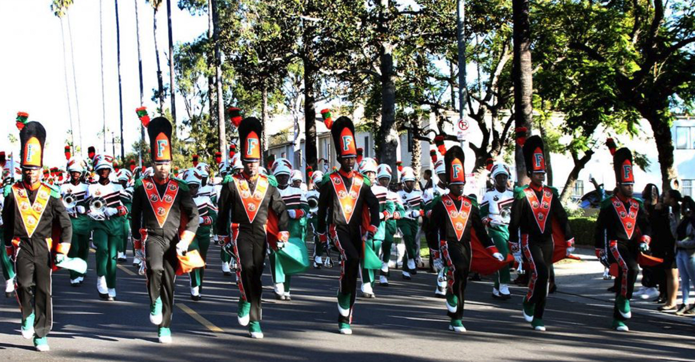 The Florida A&M University Marching “100” parade outside First AME Church of Los Angeles on Dec. 30. (Photo by Clayton Everett)