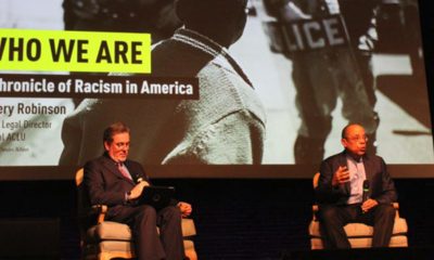 Jeffery Robinson (right), with moderator John Lentine, of Sheffield & Lentine PC, during a program last week on race in America at the Lyric Theatre in downtown Birmingham. (Ameera Steward Photo, The Birmingham Times)