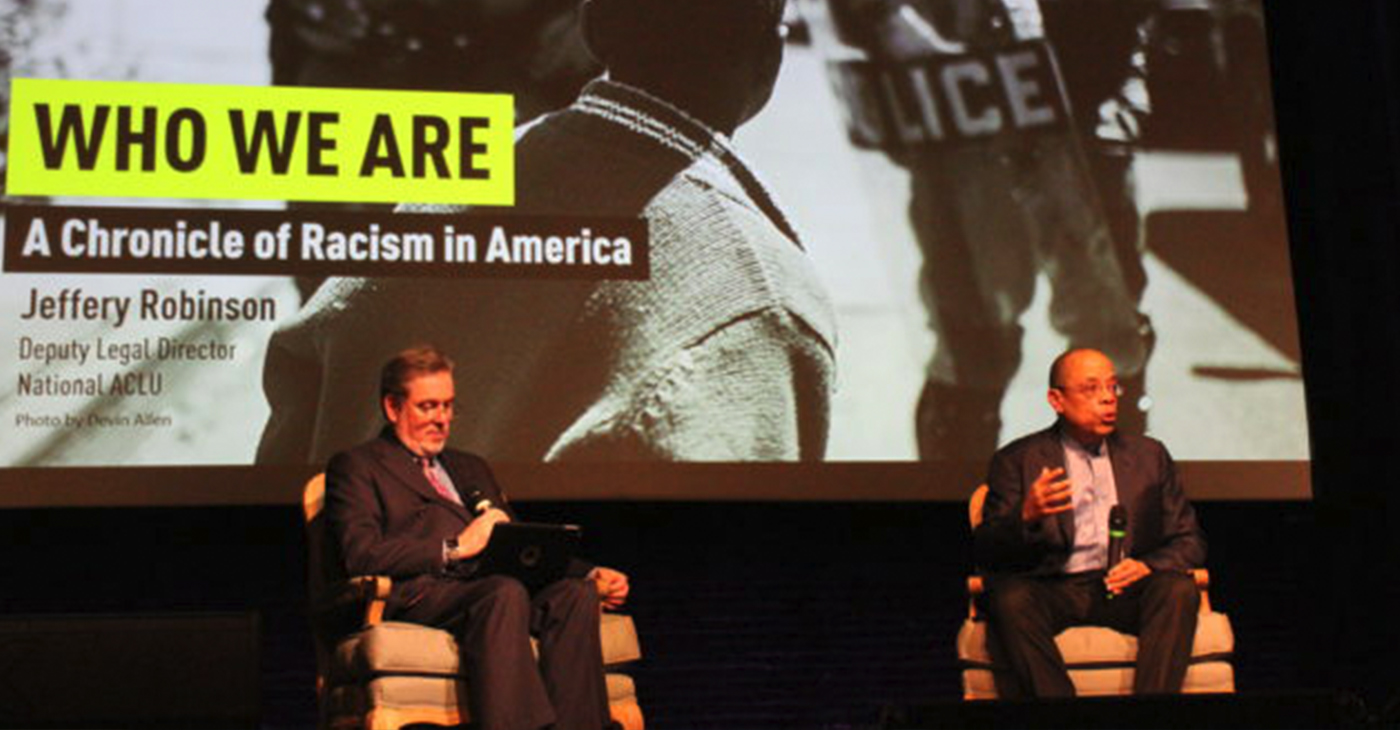 Jeffery Robinson (right), with moderator John Lentine, of Sheffield & Lentine PC, during a program last week on race in America at the Lyric Theatre in downtown Birmingham. (Ameera Steward Photo, The Birmingham Times)